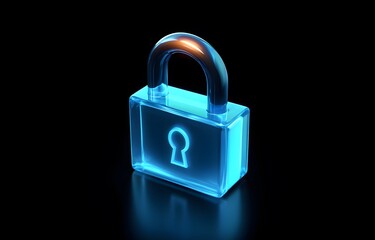A glowing blue padlock with a metallic shackle on a black background.
