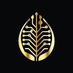 Eco logo with leaf and circuit board. Vector template for technology company. Circuit board logo with leaf. Technology icon. Vector illustration.