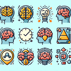 Brainstorm icon set. Containing creativity, thinking, brain, idea, creative, light bulb, mind, intelligence, imagination, plan, solution, innovation, inspiration, smart, genius, education, science