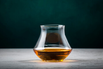 American rye whiskey in glass on dark green background