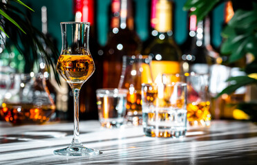 Italian grape vodka grappa in glass and bottles of strong drinks on dark green background