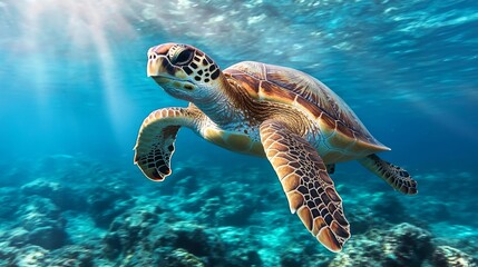 Obraz premium Graceful sea turtle swimming in crystal clear ocean underwater photography tropical environment close-up view marine life