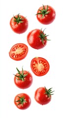 Fresh, vibrant tomatoes, whole and halved, levitating in the air, perfect for a healthy and appetizing food photography