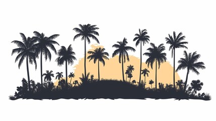 Tropical Sunset Silhouette with Palm Trees. Vibrant Island Scenery and Beach Vibes for Nature Lovers. Exotic Plants and Minimalistic Botanical Design for a Warm, Serene Vacation Mood
