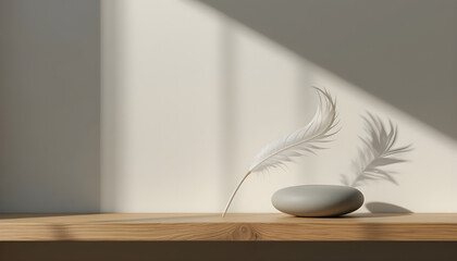 White Feather and Smooth Stone in Soft Light on Wooden Shelf
