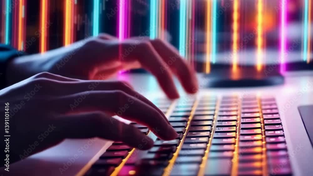 Poster a person's hands are shown typing laptop keyboard that has colored lighting underneath keys. neon li