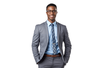 Portrait of a smiling African businessman with glasses isolated on white background