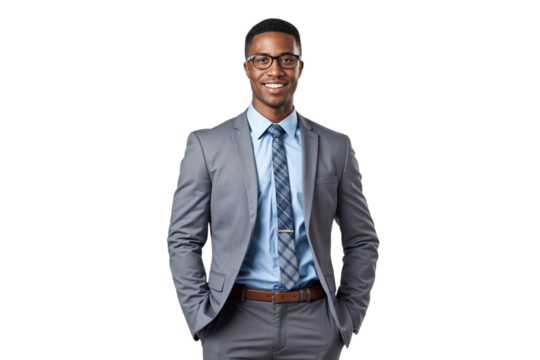 Portrait of a smiling African businessman with glasses isolated on white background