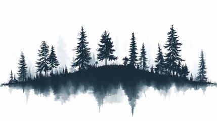 Serene Forest Reflection at Sunset: Tranquil Watercolor Landscape with Silhouetted Trees and Scenic Lake