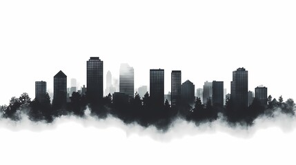 Monochrome Cityscape Skyline Silhouette: Modern Urban Architecture & Foggy Panorama