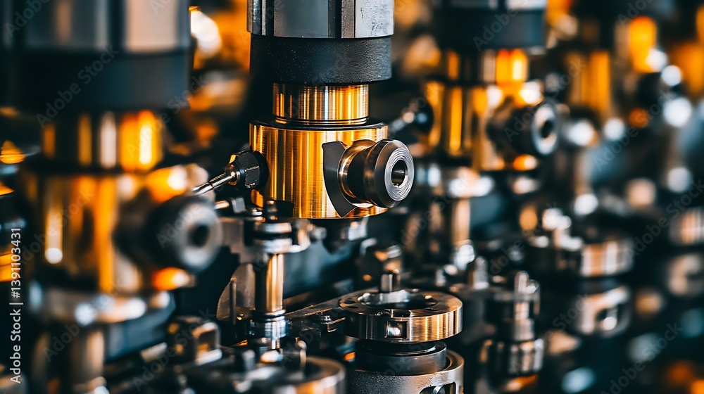 Poster close-up view of intricate industrial machinery components. precision engineering and automated prod