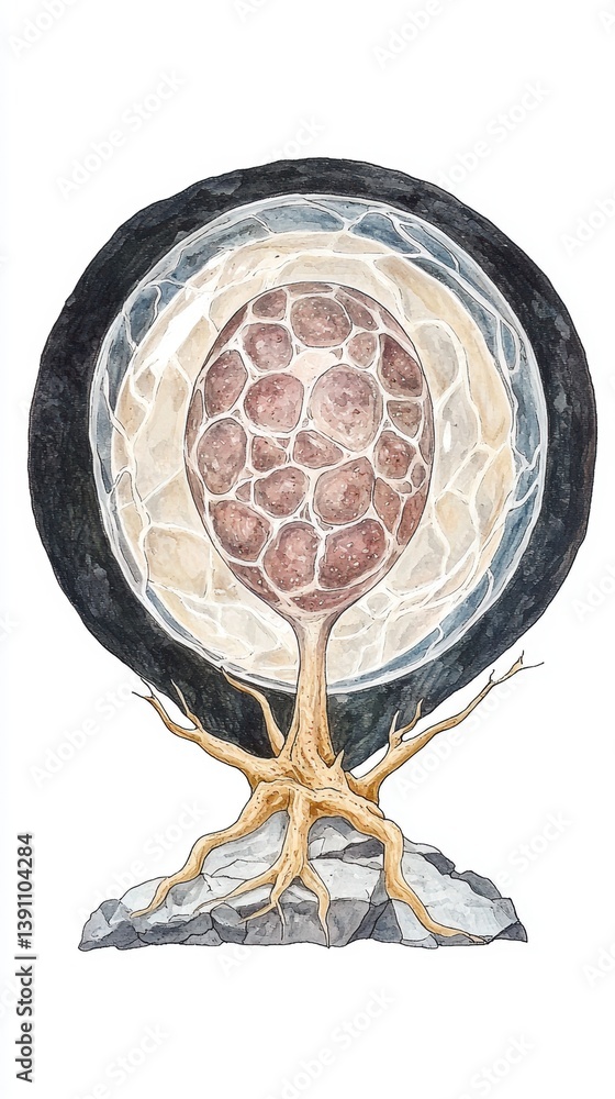 Poster a stylized illustration of a tree with intricate roots and a circular pattern, symbolizing growth an