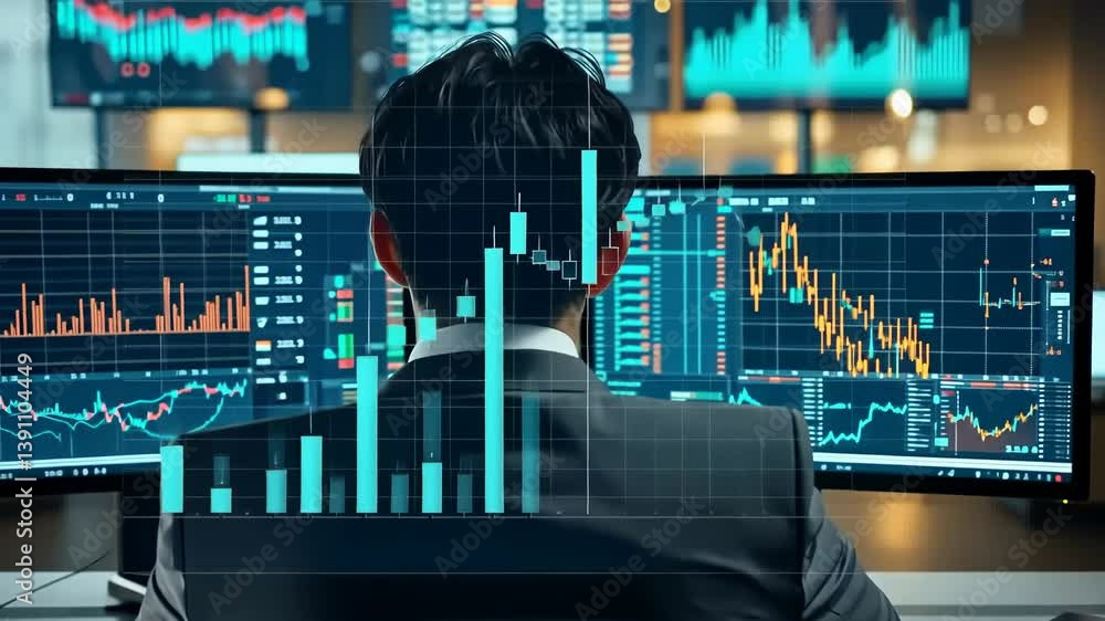 Aufkleber A market analyst is viewed behind, deeply engrossed analyzing financial charts , graphs displayed multiple computer screens. He's making informed decisions based real-time data stock market.