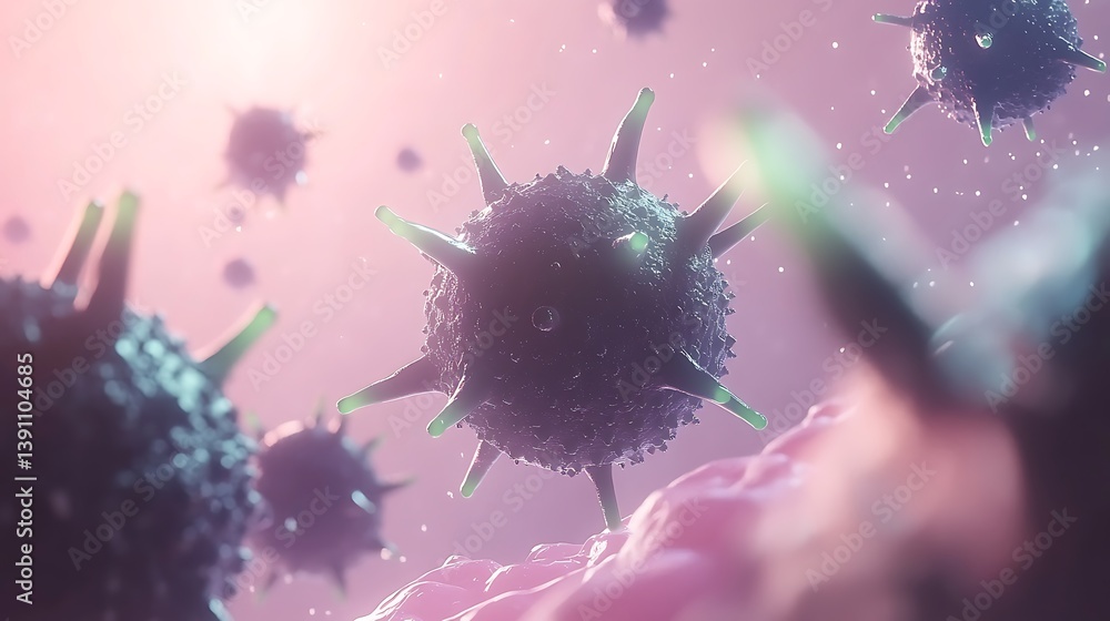 Poster virus particles infecting cells. detailed microscopic view of virus structures and surrounding host 
