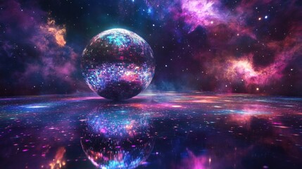 A vibrant cosmic scene featuring a reflective sphere amidst a colorful nebula.