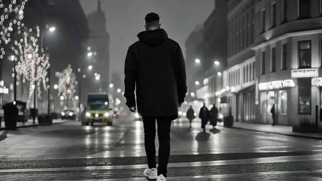 Man walking alone at night on a quiet city street adorned with lights during the winter season