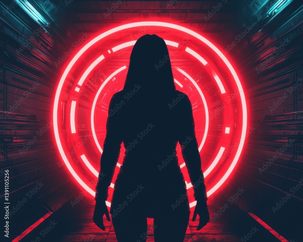 Poster a silhouetted figure stands before a glowing red circular backdrop, creating a striking contrast of 