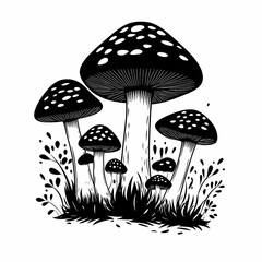 Black and White Mushroom Illustration: Organic Flora in Nature Patterns and Fungi Variety Art