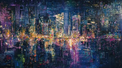 Night cityscape reflected in water, abstract painting.