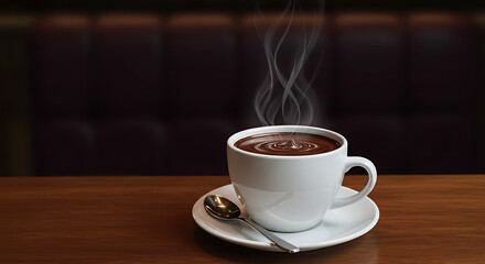Fototapeta premium Steaming Hot Chocolate in White Mug on Wooden Table
