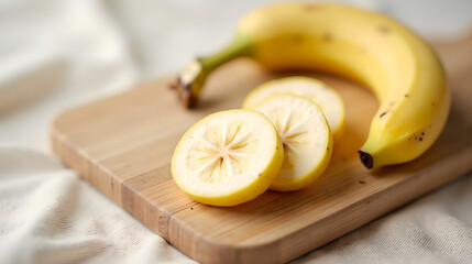 a banana sliced on a wooden cutting board