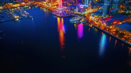 Fototapeta premium A vibrant city skyline reflecting on water at night, showcasing colorful lights and boats.