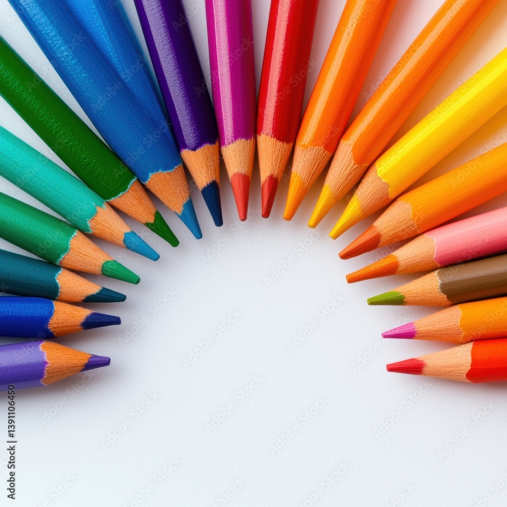 Poster a vibrant array of colored pencils arranged in a semicircle, showcasing a spectrum of colors against