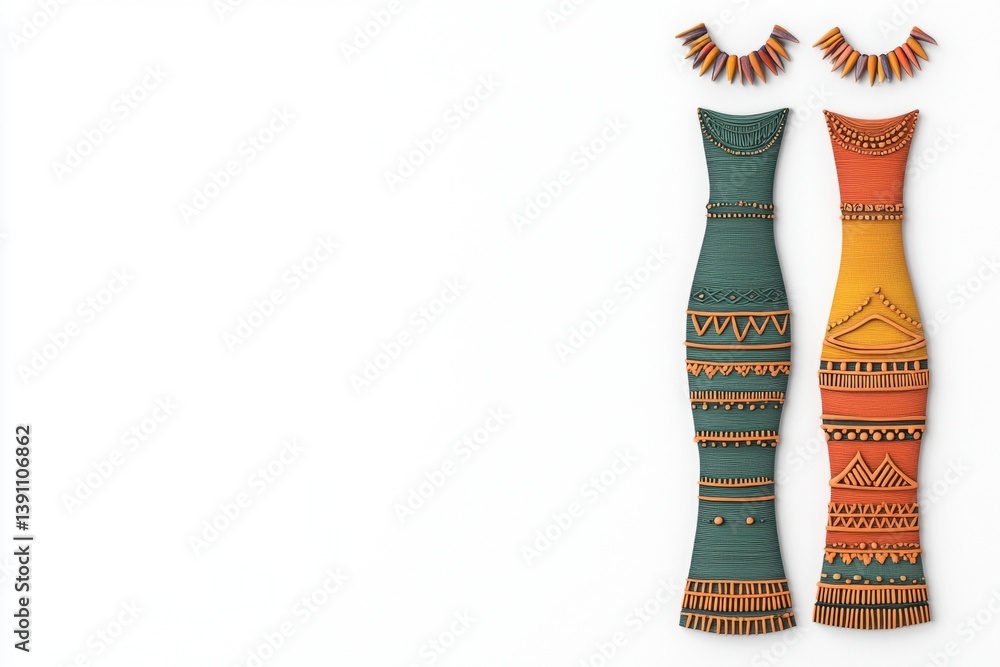 Poster two colorful, patterned dresses displayed vertically alongside matching accessories against a plain 