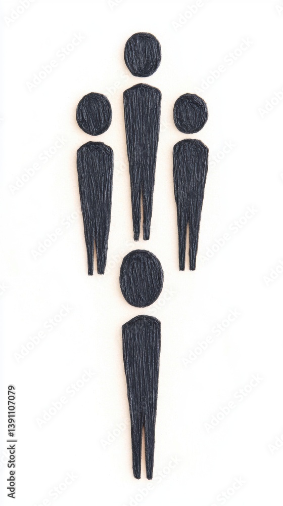 Poster abstract representation of people formed with simple shapes, symbolizing connection or community.