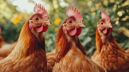 Naklejka premium Free-range brown hens posing together on farm for laying hens farming concept