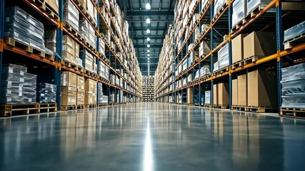 Warehouse interior showcasing organized storage of neatly stacked boxes during daytime