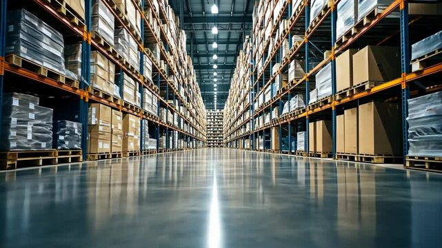 Warehouse interior showcasing organized storage of neatly stacked boxes during daytime