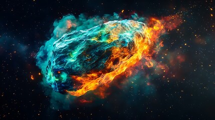 宇宙空間に浮かぶ、青とオレンジの炎に包まれた小惑星または彗星