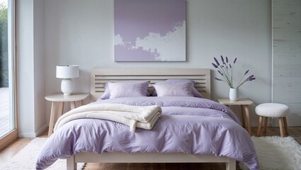 Generative AI, Scandinavian bedroom with soft lilac bedding and wood accents