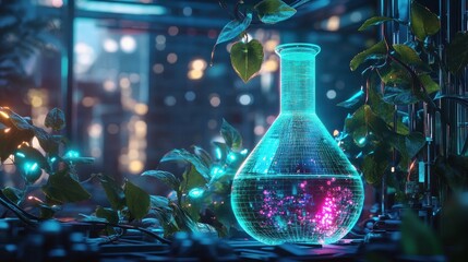 A glowing laboratory flask surrounded by vibrant plants, symbolizing science and nature.