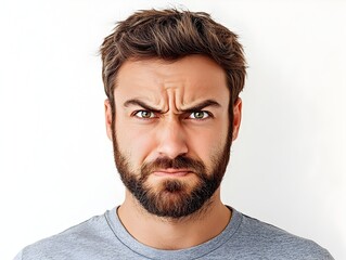 Obraz premium A young man with a beard scowls intensely at the camera showing frustration and anger in a close-up studio shot against a white background.