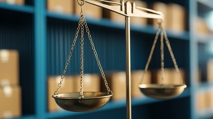 A golden balance scale in a warehouse, symbolizing justice and measurement, with boxes in the background, reflecting order and organization.