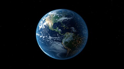 Obraz premium 漆黒の宇宙に浮かぶ青い地球、大陸と夜景の輝き
