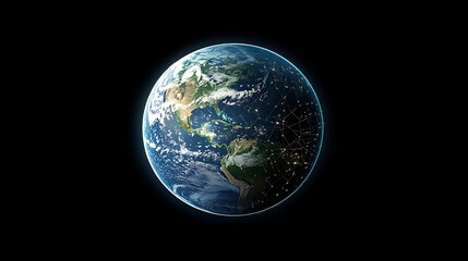 漆黒の宇宙に浮かぶ青い地球、大陸と夜景の輝き