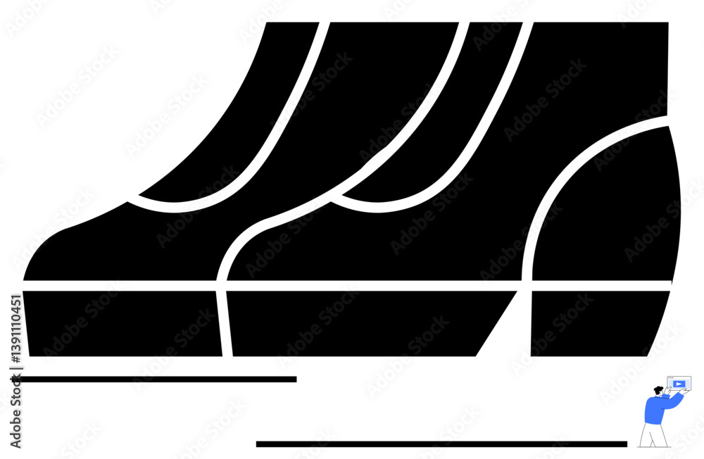 Poster giant black footprint pattern overshadows a small person examining data on a digital device. ideal f