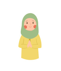Smiling Girl in Green Hijab and Yellow Dress, Hands Pressed Together