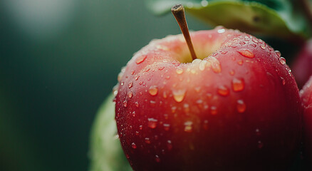 Ideia de colheita de ma&ccedil;&atilde;s. Ma&ccedil;&atilde;s vermelhas frescas com gotas de orvalho contra um fundo verde desfocado, perfeitas para uma alimenta&ccedil;&atilde;o saud&aacute;vel.