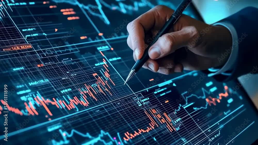 Poster a person in a suit jacket uses a pen to analyze financial data on a screen displaying complex market