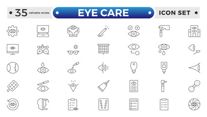 Essential Eye Care and Vision Health outline Icon Set. Optometry, Surgery, and Optical Tools. Editable stroke outline icon.

