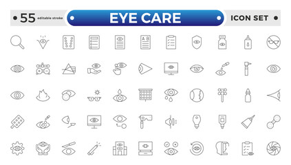 Essential Eye Care and Vision Health outline Icon Set. Optometry, Surgery, and Optical Tools. Editable stroke outline icon.
