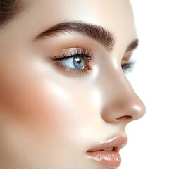 Naklejka premium A close-up profile shot reveals a young woman's flawless skin, perfectly shaped eyebrows, and subtle makeup application enhancing her natural beauty.