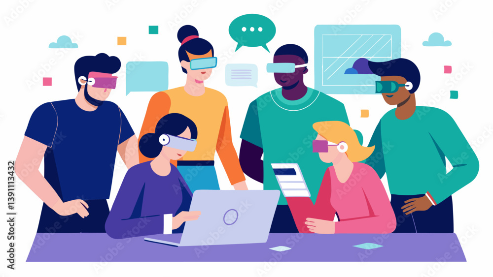 Poster collaborative brainstorming a group of diverse designers gathers around a virtual table wearing vr h