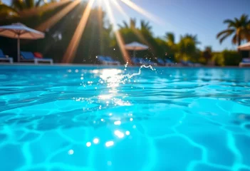 Gardinen Sparkling blue pool water reflecting sunlight, summer vacation idyllic scene, shimmering, sunshine © chanisorn