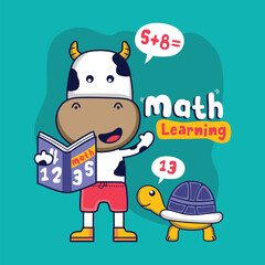 Cartoon cow holding math book solving addition equation while turtle gives answer in fun early learning scene on teal background. Kids education concept
