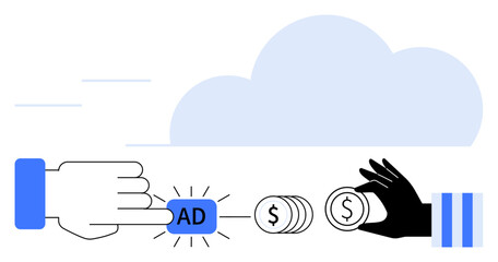 Hand clicking ad button connected to flowing coins toward another hand in a cloud backdrop. Ideal for marketing, digital economy, revenue, online ads, monetization, PPC, business growth. Flat simple
